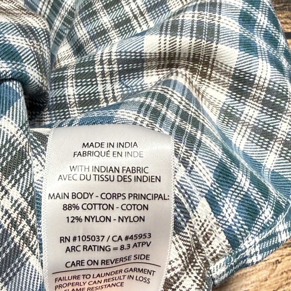 Ariat FR Cobb Work Shirt Mens Large Blue Green Plaid Flame Resistant Snap NEW - Picture 9 of 9